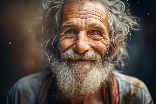 Generative ai collage portrait of old middle aged man beggar look in camera with dreaming hoping