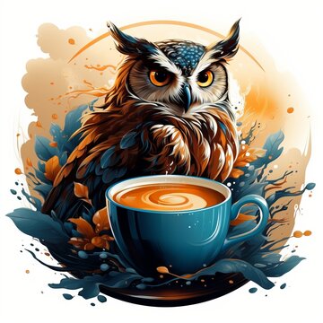 Owl with coffee to go. Illustration Scientist wise bird.
nocturnal animal with yellow eyes.