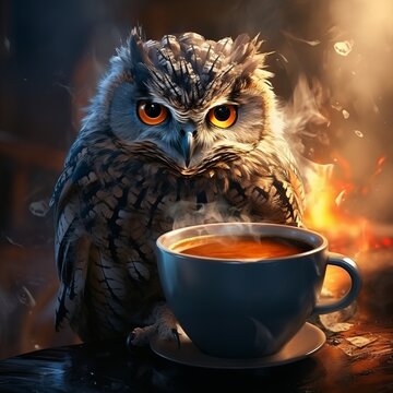 Owl with coffee to go. Illustration Scientist wise bird.
nocturnal animal with yellow eyes.