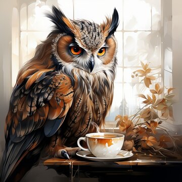 Owl with coffee to go. Illustration Scientist wise bird.
nocturnal animal with yellow eyes.