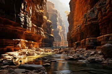 From Radiance to Mystery: Exploring the Enchanting Palette of a Narrow Canyon, where Sunlit Tips Brush Against Darkened Depths in Perfect Harmony