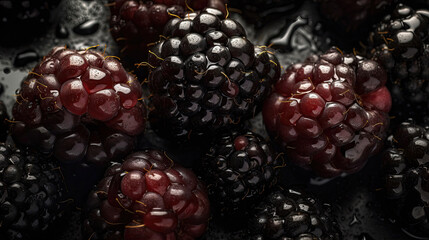 Heap of freshly picked blackberries with waterdrops