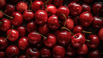 Heap of ripe cherries with waterdrops