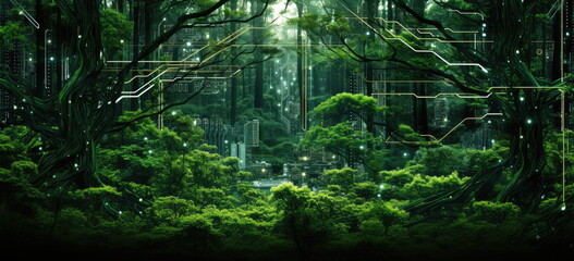Eco, green nature conservation and advanced digital technology. Hand edited generative AI.