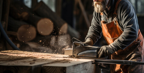 a man saws a large piece of wood with his chainsaw. Generative AI