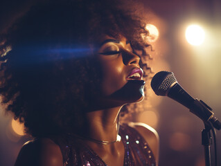 Beautiful black female singer with microphone, stage performance