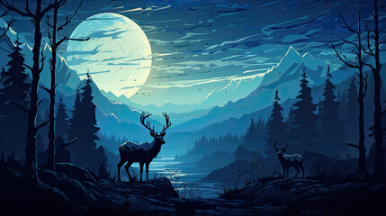 creative illustration of deer at night by a river in the forest. Generative AI