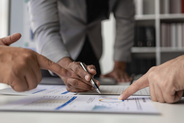 Business marketing meetings and managers with tabletsFind information for teamwork in the office. Close-up of employees working on new project planning management strategies
