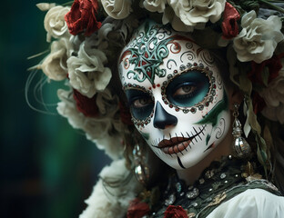 Enchanting Lady in Gothic Carnival Mask and Day of the Dead Headdress - Mysterious Mexican Fantasia