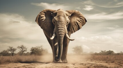 Fototapeta na wymiar African elephant bull with long ivory tusks walking down dry savannah landscape during hot summer day, large and intimidating wildlife, Kalahari safari region - generative AI