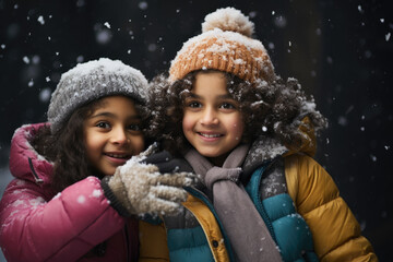 Indian asian young family or people playing in the snow - obrazy, fototapety, plakaty