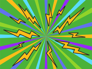Fototapeta premium Comic lightning bolt pop art comic background abstract concept. Vector flat graphic design illustration