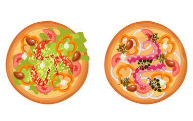Seafood pizza with cheese vegetable slice cheese mushroom isolated set. Vector flat graphic design illustration