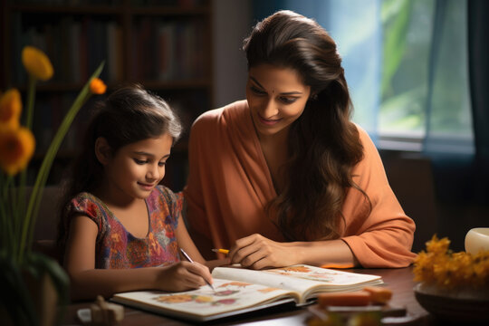 Indian asian little girl studying with mother at home