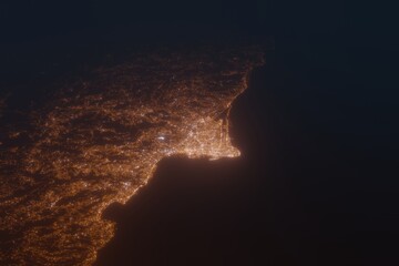 Aerial shot of Beirut (Lebanon) at night, view from north. Imitation of satellite view on modern city with street lights and glow effect. 3d render