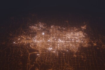 Aerial shot of Omaha (Nebraska, USA) at night, view from north. Imitation of satellite view on modern city with street lights and glow effect. 3d render - obrazy, fototapety, plakaty
