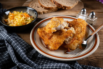 Fried cod fillet.