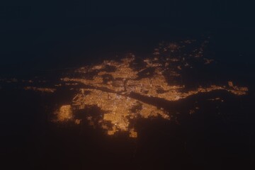 Aerial shot on Khartoum and Omdurman (Sudan) at night, view from west. Imitation of satellite view on modern city with street lights and glow effect. 3d render