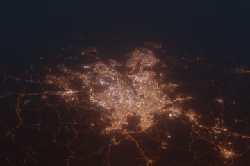 Aerial shot on Ankara (Turkey) at night, view from east. Imitation of satellite view on modern city with street lights and glow effect. 3d render
