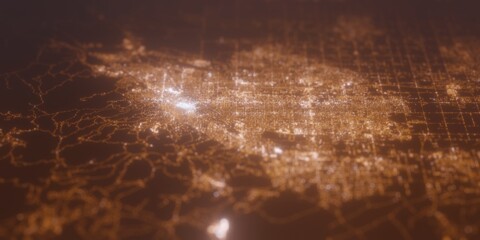 Street lights map of Boise (Idaho, USA) with tilt-shift effect, view from north. Imitation of macro shot with blurred background. 3d render, selective focus