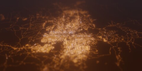 Street lights map of Kabul (Afghanistan) with tilt-shift effect, view from west. Imitation of macro shot with blurred background. 3d render, selective focus