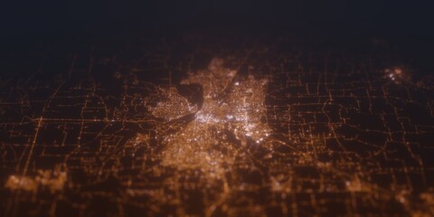 Street lights map of Salem (Oregon, USA) with tilt-shift effect, view from south. Imitation of macro shot with blurred background. 3d render, selective focus
