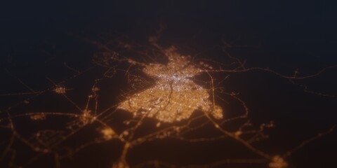 Street lights map of Kirkuk (Iraq) with tilt-shift effect, view from south. Imitation of macro shot with blurred background. 3d render, selective focus