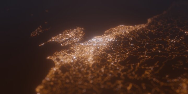 Street lights map of Cebu (Philippines) with tilt-shift effect, view from north. Imitation of macro shot with blurred background. 3d render, selective focus
