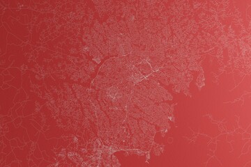 Map of the streets of Kampala (Uganda) made with white lines on red paper. Top view, rough background. 3d render, illustration