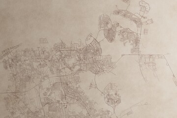 Map of Manama (Bahrain) on an old vintage sheet of paper. Retro style grunge paper with light coming from right. 3d render