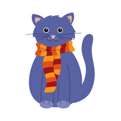 A happy blue cat with orange, red, yellow scarf in flat on white background for webs, posters, cards