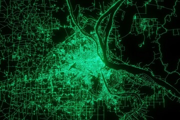 Map of the streets of Phnom Penh (Cambodia) made with green illumination and glow effect. Top view on roads network. 3d render, illustration