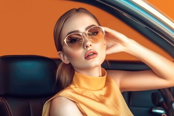 Girl driving a car in sunglasses, orange fashion style clothing. Car rights for women, driving courses. generative ai. - obrazy, fototapety, plakaty