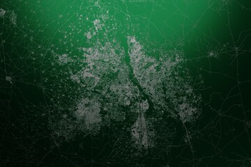 Street map of New Delhi (India) engraved on green metal background. Light is coming from top. 3d render, illustration