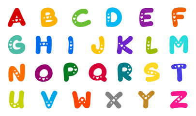 Cute heart alphabet for kids' education. Hand drawn style alphabet collection. English alphabet with cute heart design vector illustrations. Isolated capital letters in various beautiful colors.