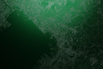 Street map of Chiba (Japan) engraved on green metal background. Light is coming from top. 3d render, illustration