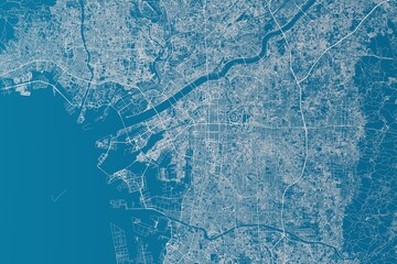 Map of the streets of Osaka (Japan) made with white lines on blue background. 3d render, illustration