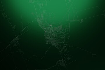 Street map of Pavlodar (Kazakhstan) engraved on green metal background. Light is coming from top. 3d render, illustration