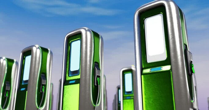 A smooth looping 3D rendering animation depicting many rows of charging stations for electric vehicles with a blue sky in the background