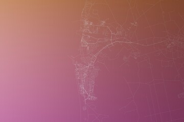 Map of the streets of Liepaja (Latvia) made with white lines on pinkish red gradient background. Top view. 3d render, illustration