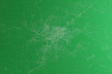 Map of the streets of Kaunas (Lithuania) made with white lines on green paper. Rough background. 3d render, illustration