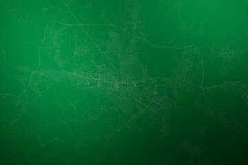 Map of the streets of Skopje (North Macedonia) made with white lines on abstract green background lit by two lights. Top view. 3d render, illustration