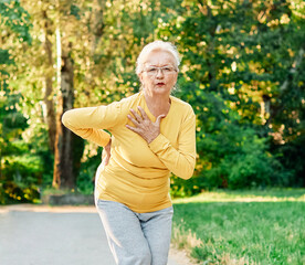 senior exercise running woman active fitness jogging pain arthritis chest disease care health...