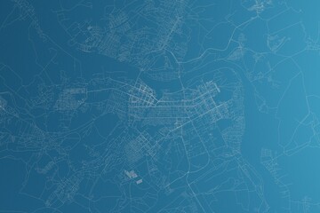 Map of the streets of Kemerovo (Russia) made with white lines on blue paper. Rough background. 3d render, illustration