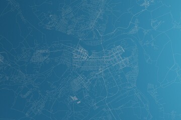 Map of the streets of Kemerovo (Russia) made with white lines on blue paper. Rough background. 3d render, illustration