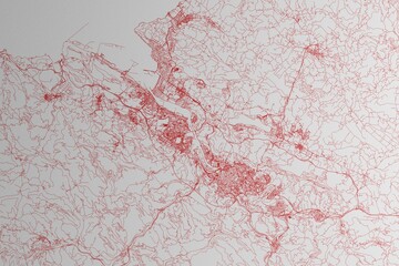 Map of the streets of Bilbao (Spain) made with red lines on white paper. 3d render, illustration