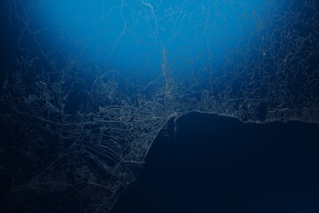 Street map of Malaga (Spain) engraved on blue metal background. View with light coming from top. 3d render, illustration