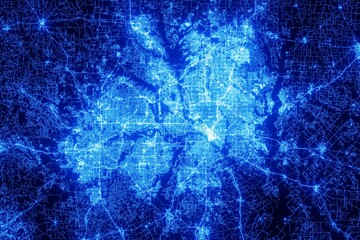 Street map of Dallas and Fort Worth (Texas, USA) made with blue illumination and glow effect. Top view on roads network - obrazy, fototapety, plakaty