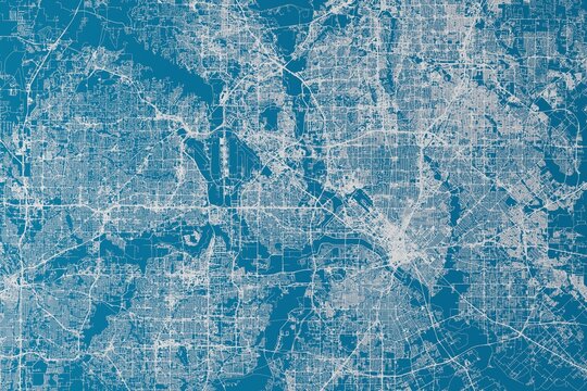 Map of the streets of Dallas and Fort Worth (Texas, USA) made with white lines on blue background. 3d render, illustration