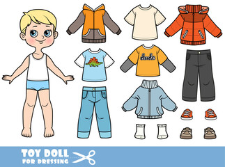 Cartoon blond boy - autumn season -  jacket, shirt, long sleeve, sweater and boots. Doll for dressing